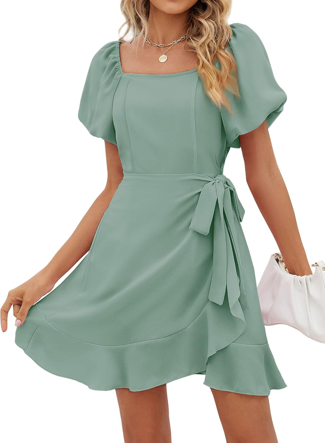 Stylish Womens Summer Dresses with Puff Sleeves and Tie Waist