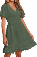 Womens Beach Vacation V Neck Smocked Swiss Dot Mini Dress (Style C8Q9)
