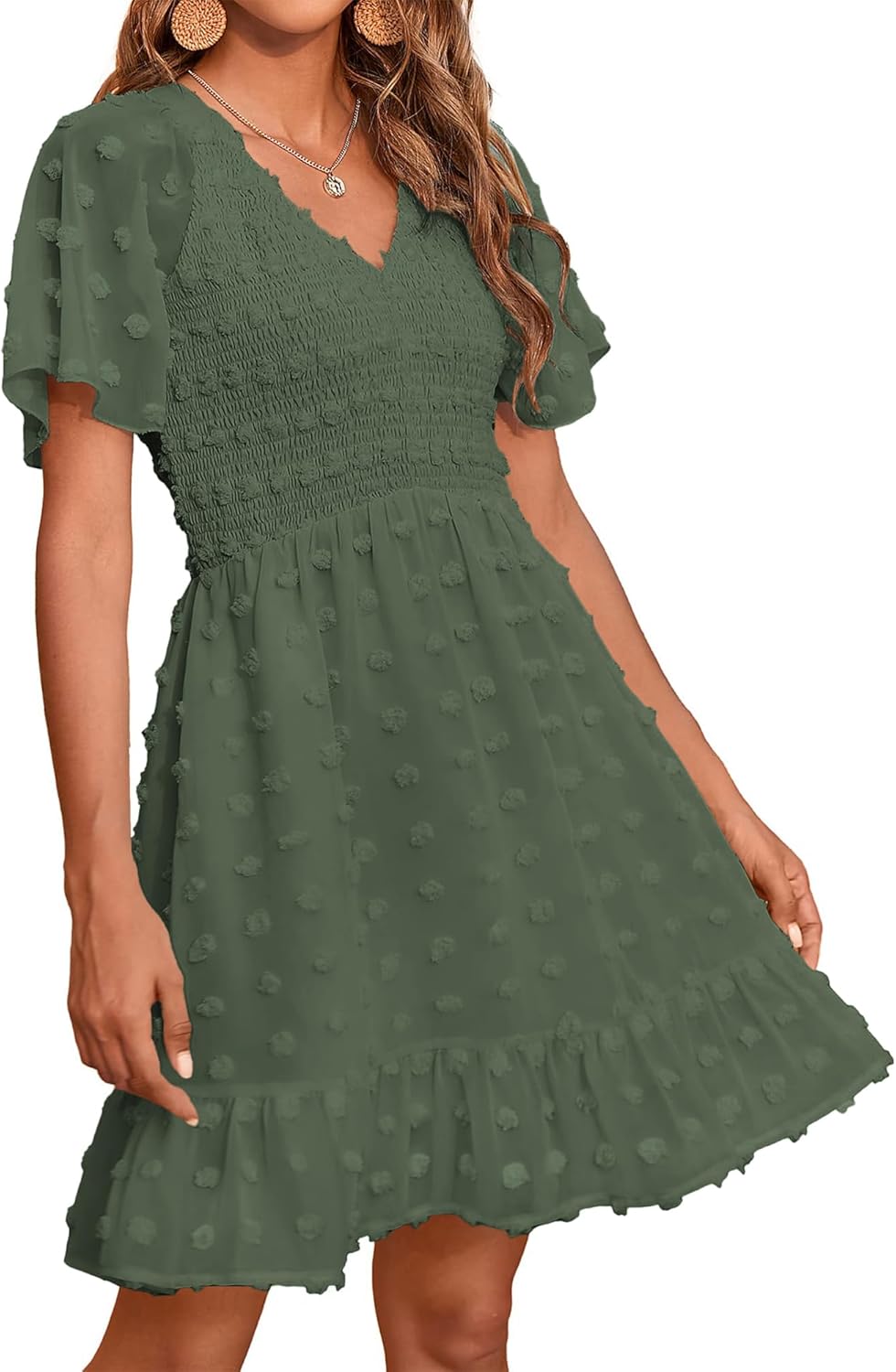 Womens Beach Vacation Dress V Neck Short Sleeve Ruffle Mini