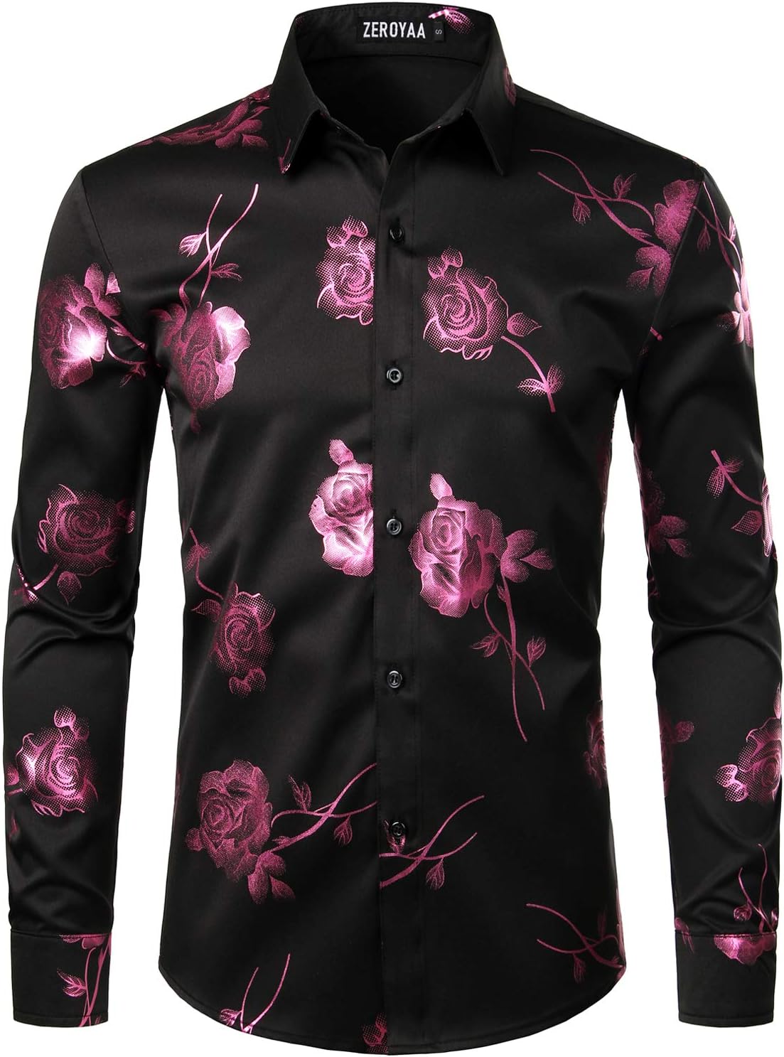 ZEROYAA Mens Hipster 3D Golden Rose Floral Printed Dress Shirt