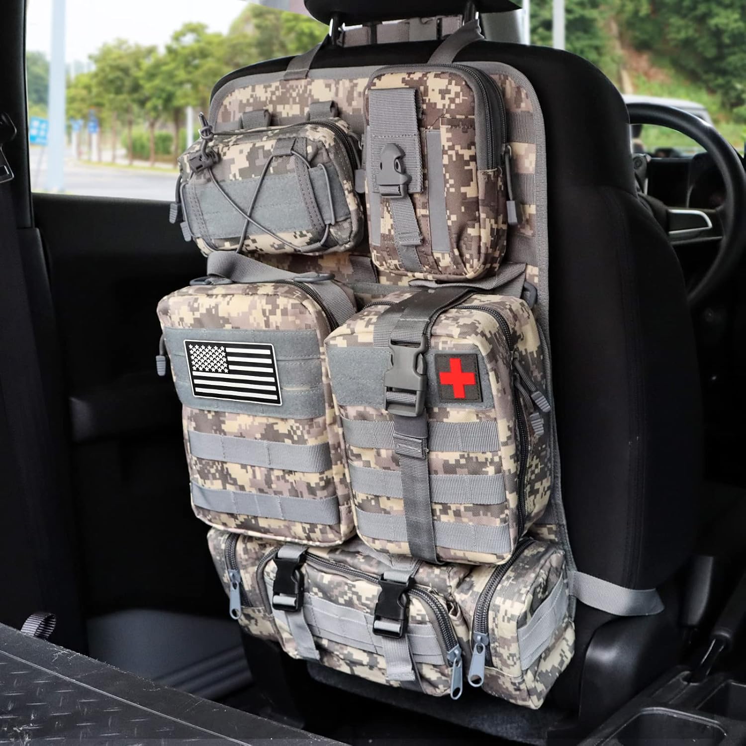 Tactical Car Seat Back Organizer with 5 Detachable Molle Pouches