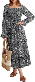 Boho Dresses for Women Square Neck Smocked Maxi Dress - Flattering Fit