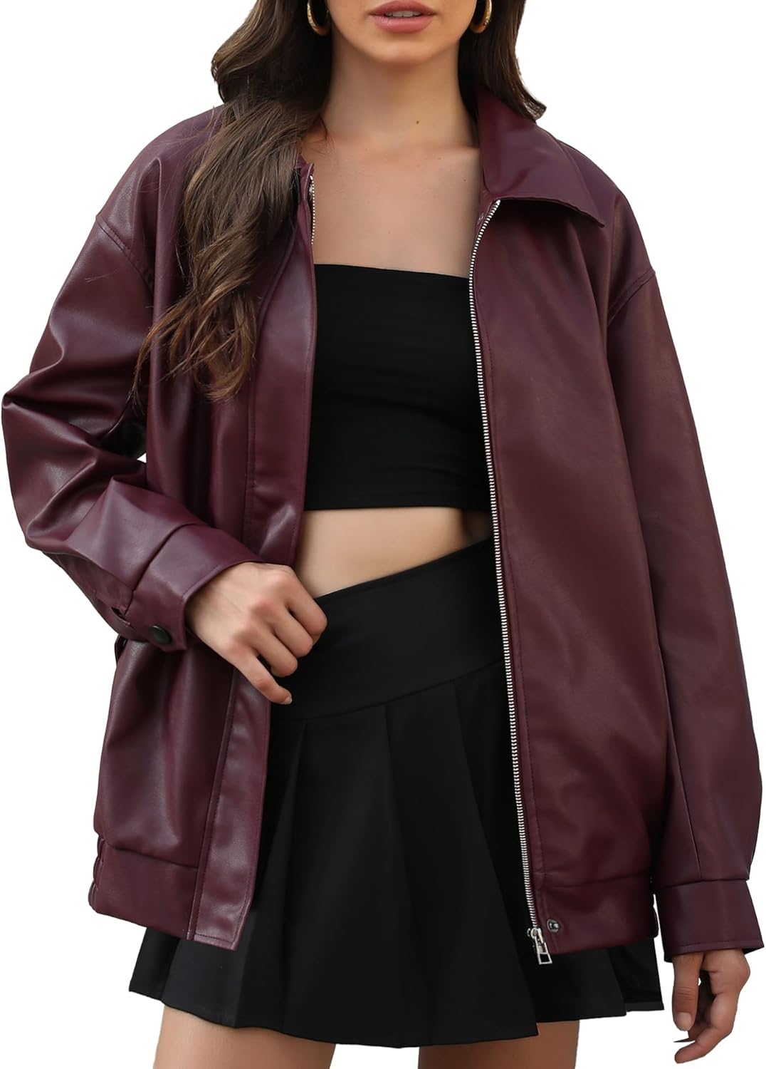 Casly Lamiit Women's Oversized Faux Leather Motorcycle Jacket