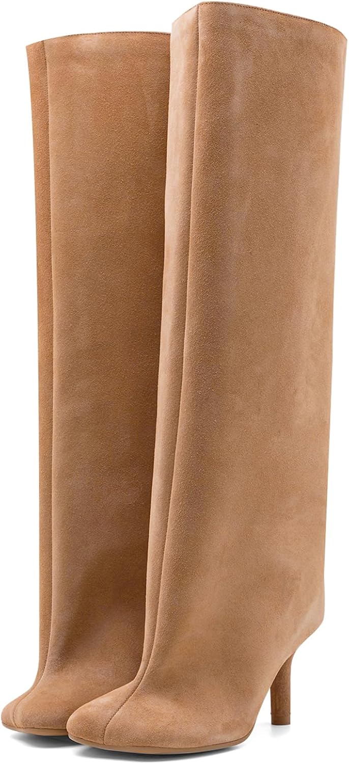 Knee High Suede Boots for Women with Wide Calf and Stiletto Heels