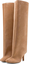 Women's Knee High Suede Boots Wide Calf Square Toe Stiletto Heels sole