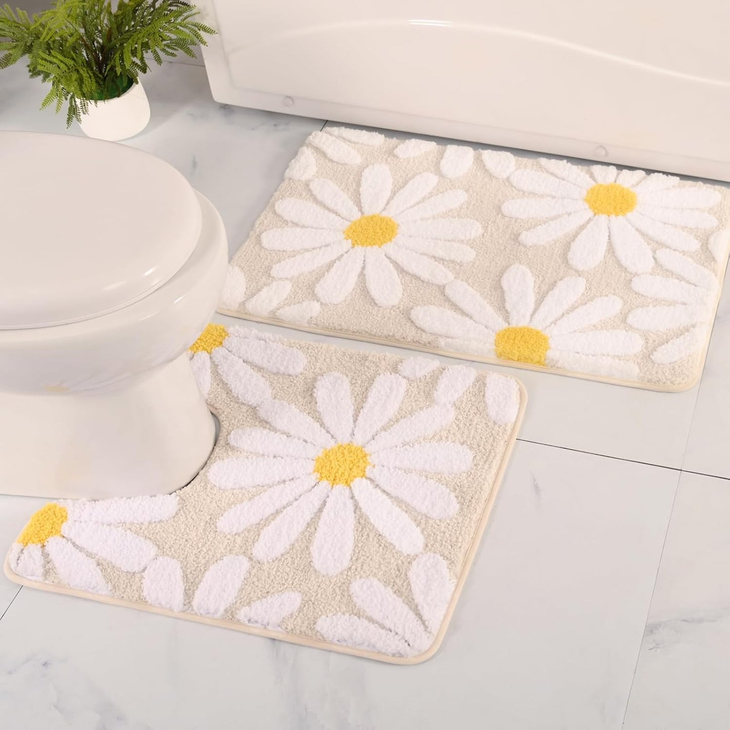 QJHOMO Bathroom Rugs Sets 2 Piece, Cute Daisy Bath Mat Beige