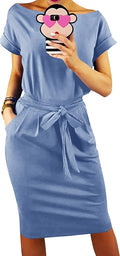 Women's Summer Crewneck Short Sleeve Tie Waist Dress - Flattering