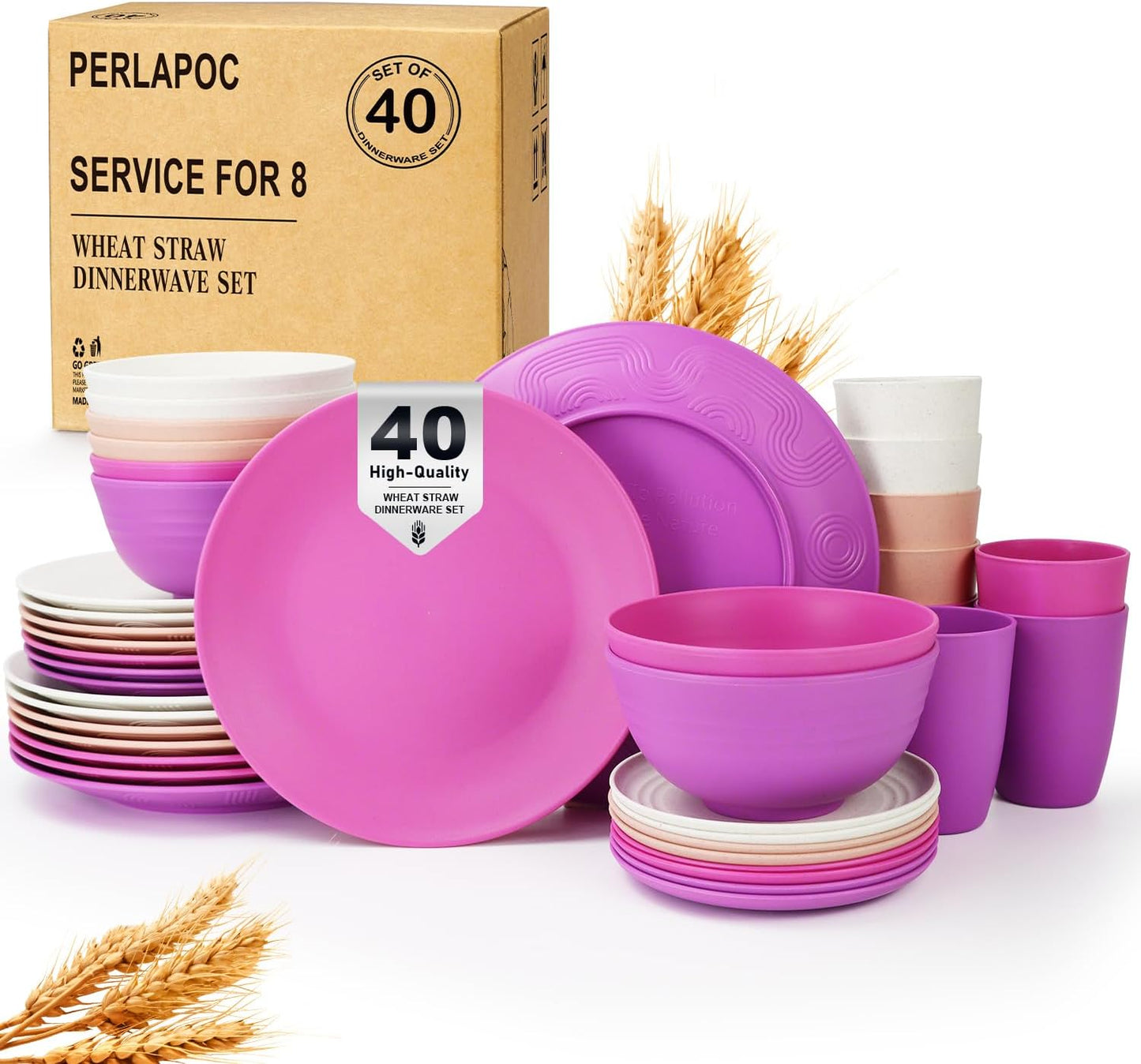 Wheat Straw Dinnerware Sets 40 PCS Unbreakable Plates Bowls Cups