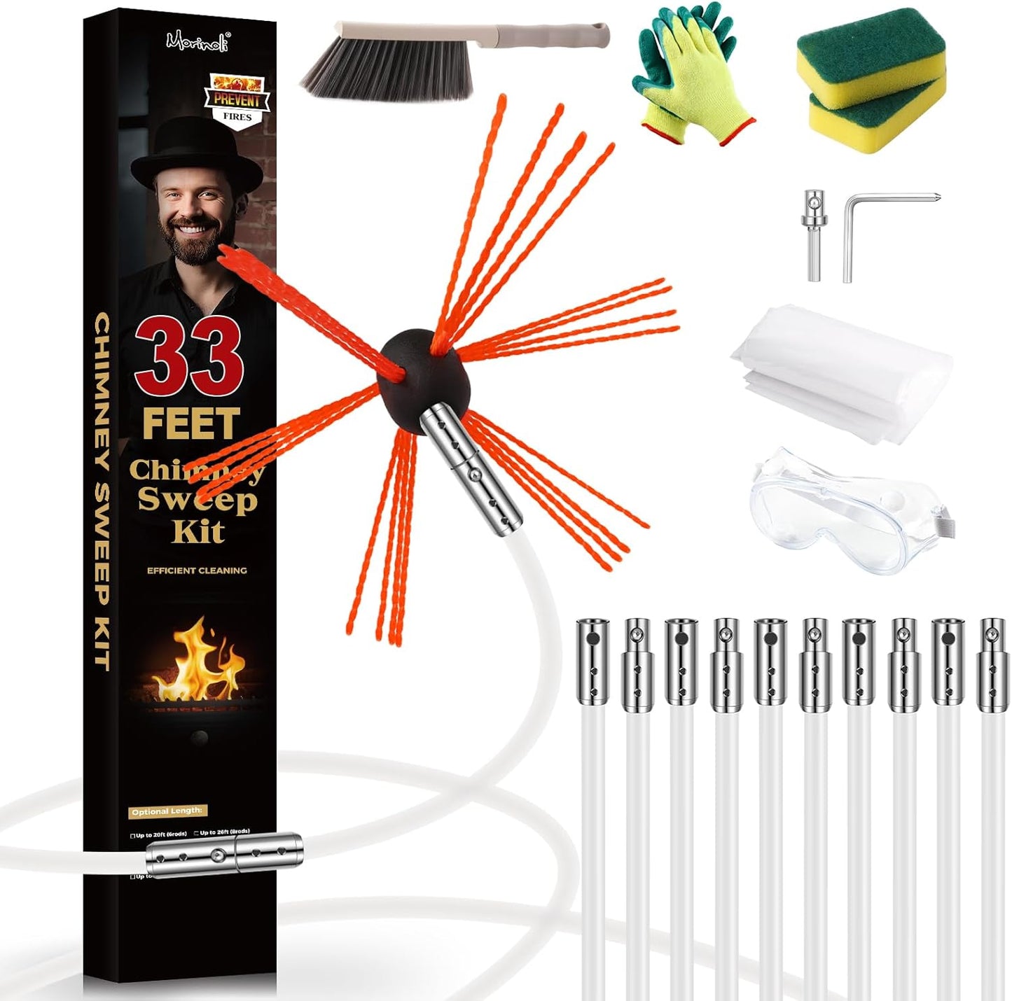 33 Feet Chimney Sweep Kit with Chrome Button Locking System