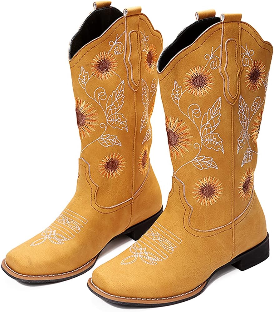 Cowboy Boots for Women Mid Calf with Sunflower Embroidery
