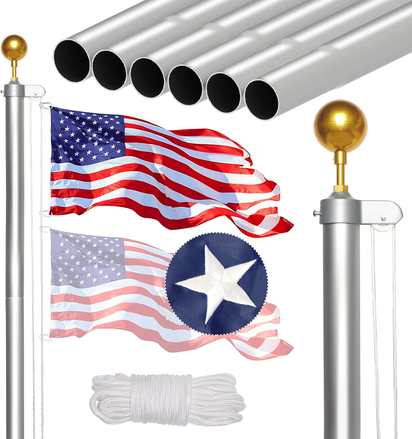 25FT Sectional Flag Pole Kit with Gold Ball Top for Outdoor Use