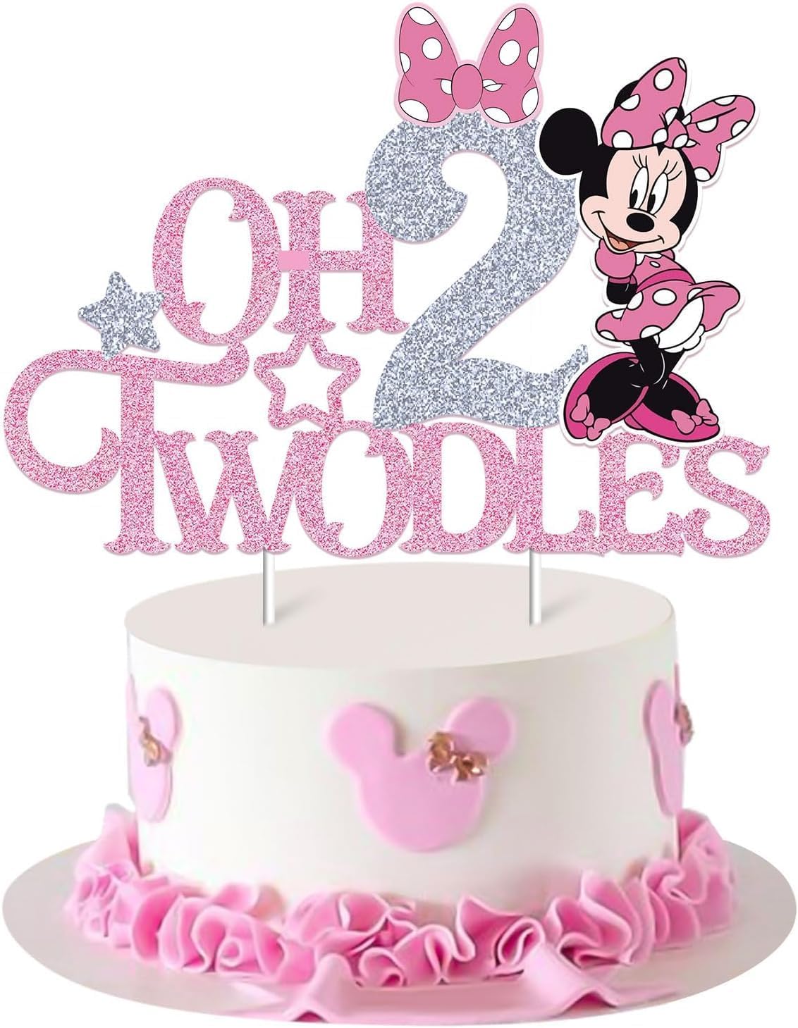 Glittery Pink 2nd Birthday Mouse Cake Topper