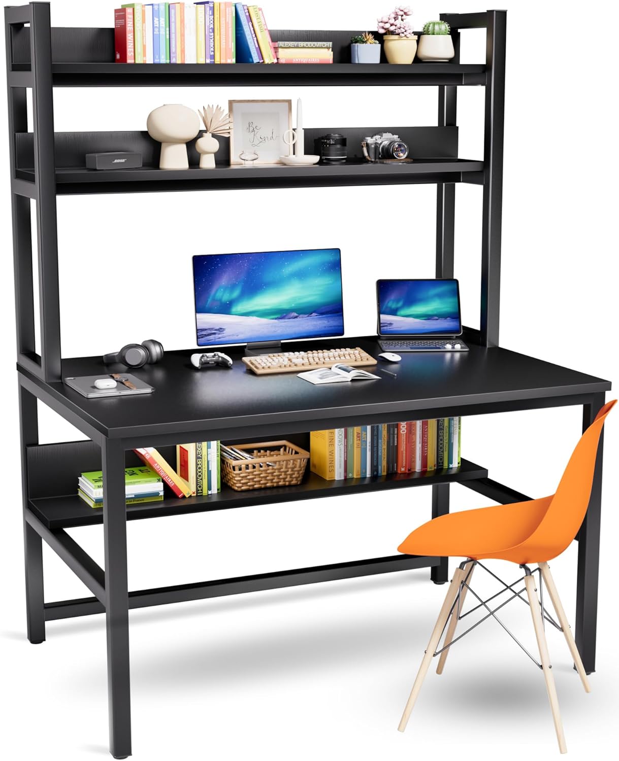 Spacious Black Computer Desk with Hutch - Easy Assembly