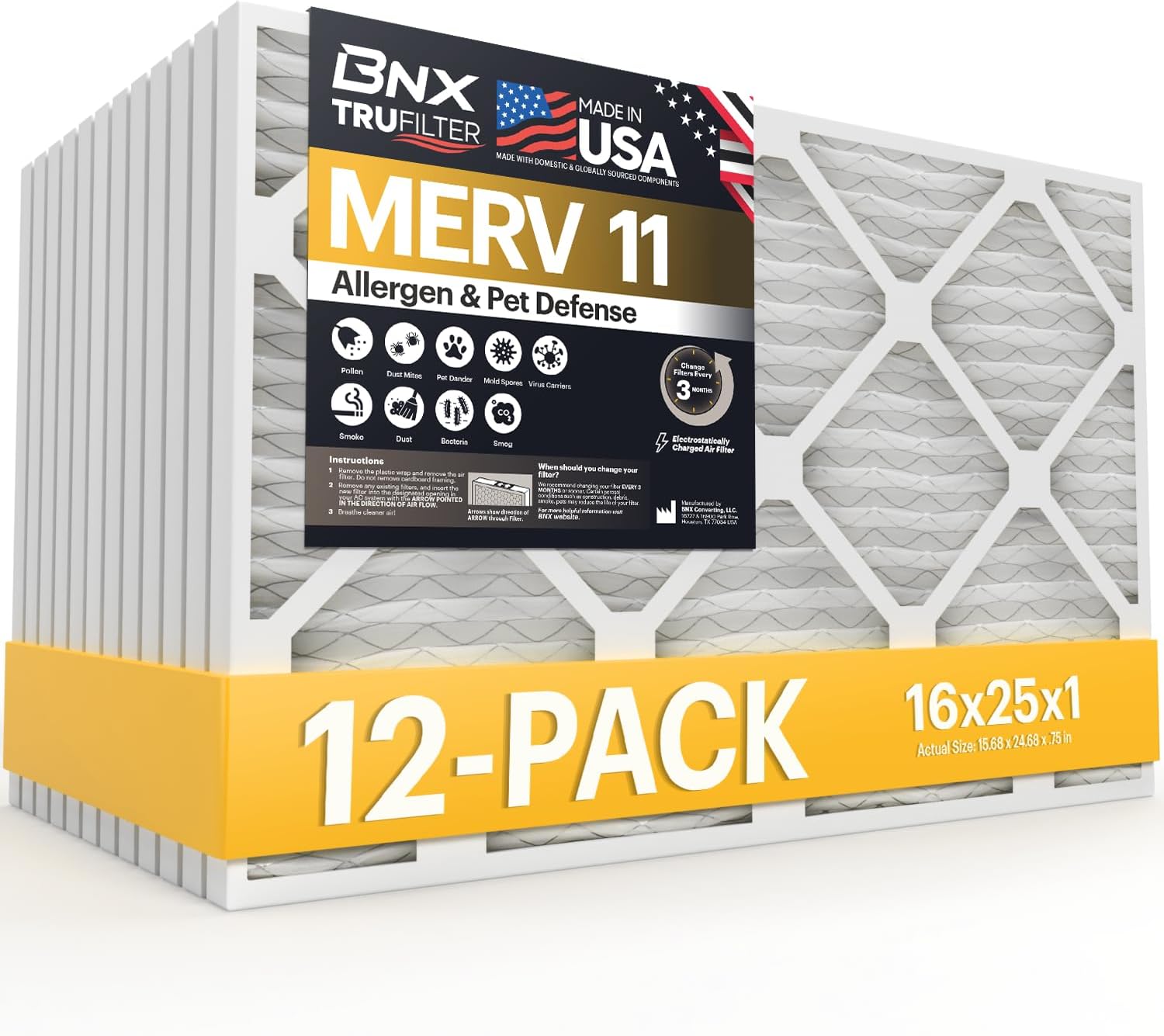 BNX TruFilter 16x25x1 Air Filter MERV 11 for Allergies and Dust