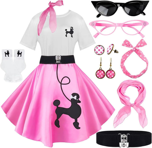10Pcs Sock Hop Outfits Women with 1950s Poodle Skirts and More