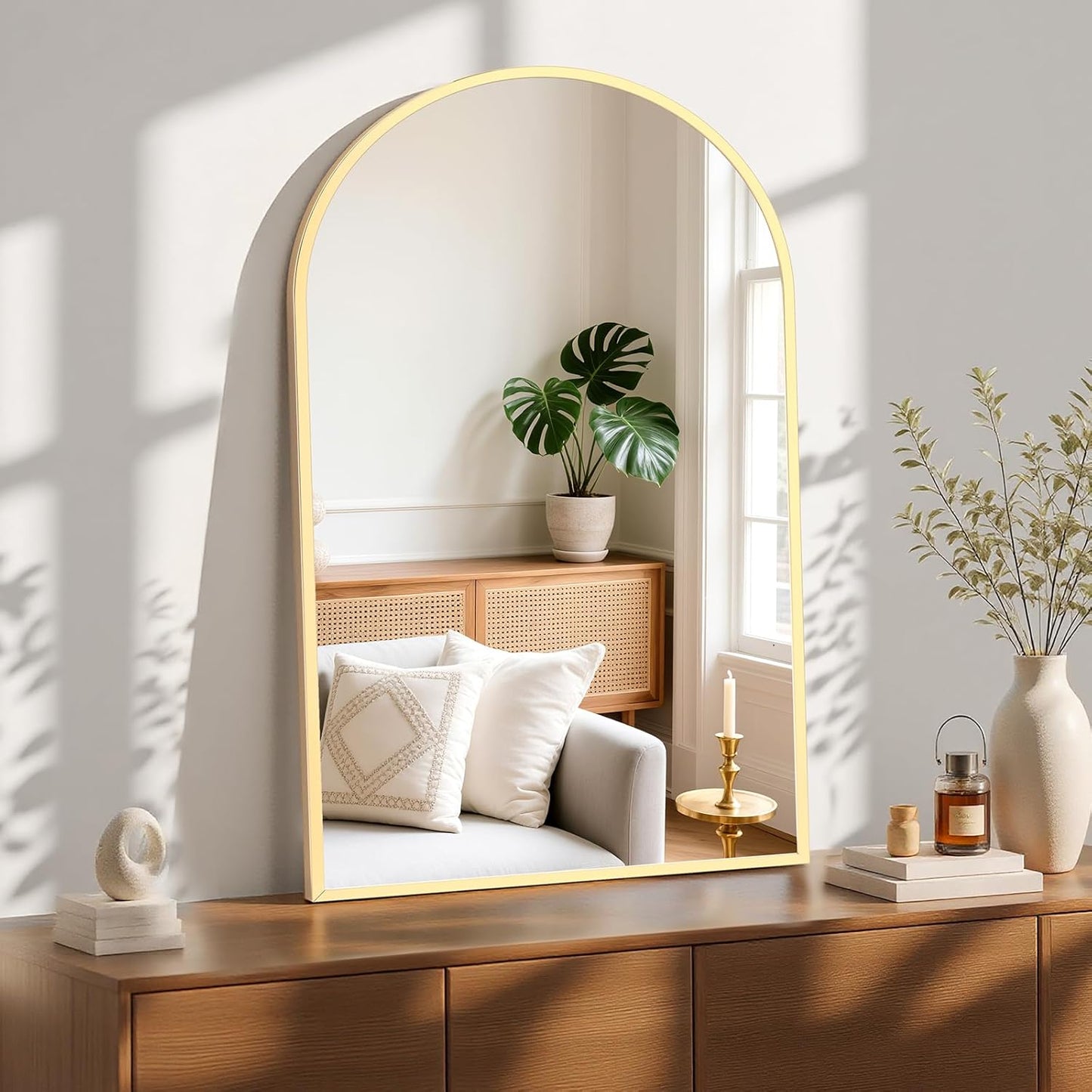 Arched Bathroom Mirror 38x26 Inch Gold Metal Framed Design