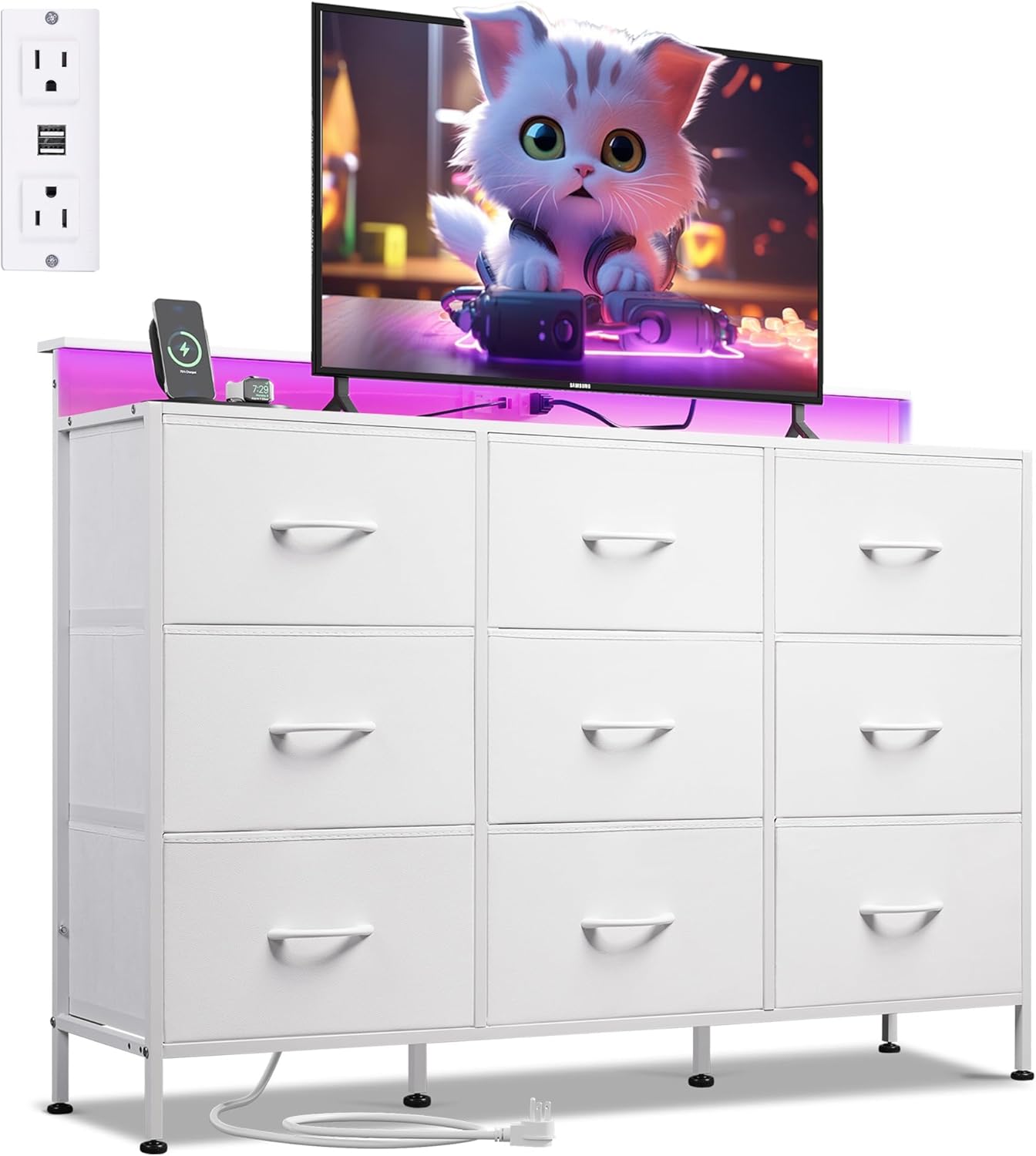WLIVE White TV Stand for 45 to 55 inch TVs with LED Lights