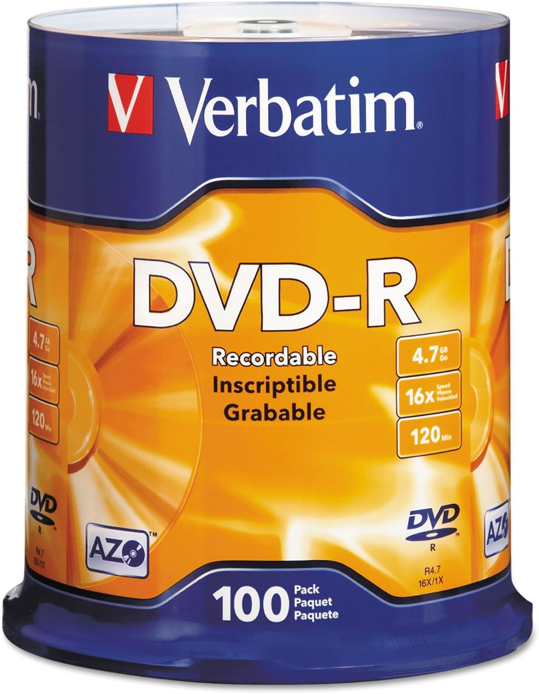 Verbatim DVD-R Blank Discs AZO Dye 4.7GB 16X 100 Pack Spindle