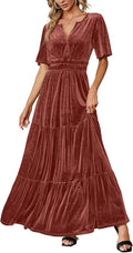 Amegoya Women's Velvet Short Sleeve V Neck Maxi Dress