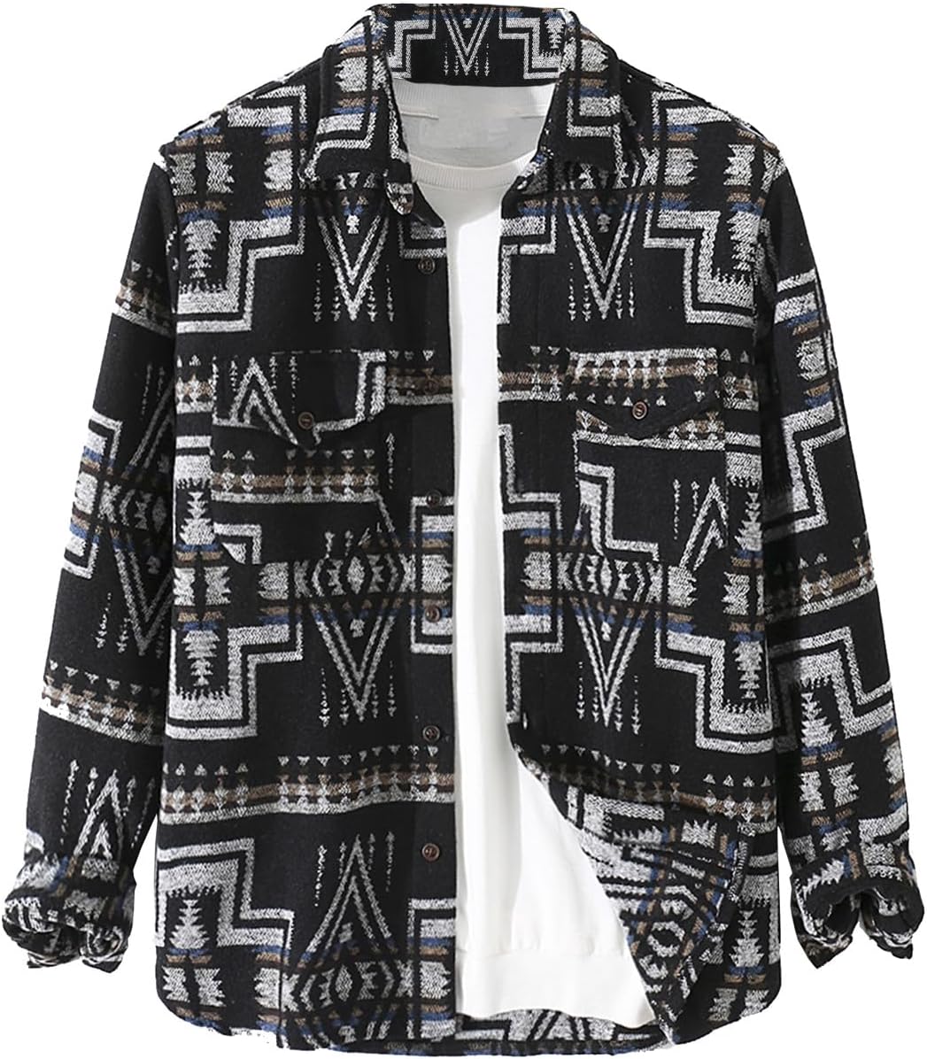 VIEWON Men's Casual Print Button Down Woolen Shacket Jacket