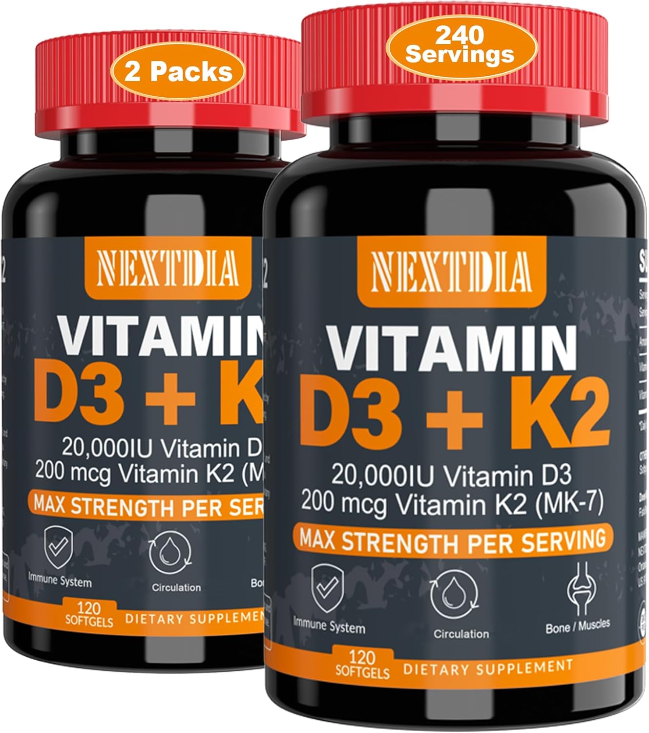 Vitamin D3 20,000 IU + K2 200mcg for Strong Bones & Immunity