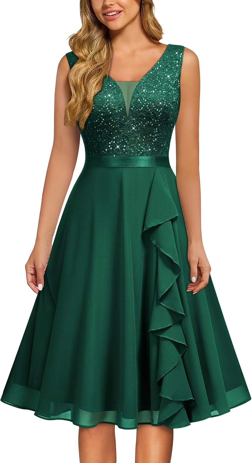 MISSMAY Women's Vintage V-Neck Sequin Formal Party Dress