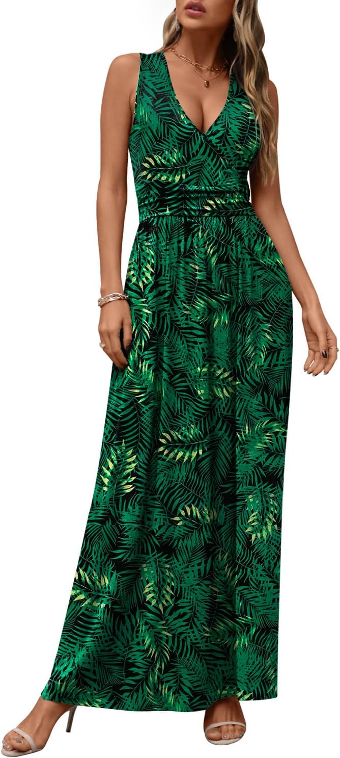 CATHY Women's Casual Sleeveless Deep V Neck Maxi Dresses