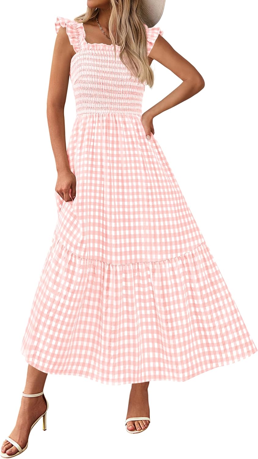 PRETTYGARDEN Womens Summer Dress Casual Square Neck Ruffle Strap