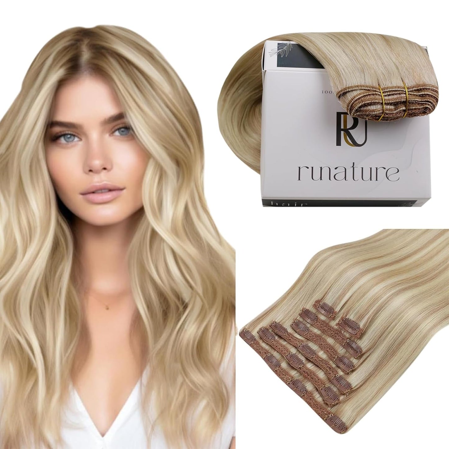 RUNATURE Blonde Clip in Hair Extensions for Natural Look