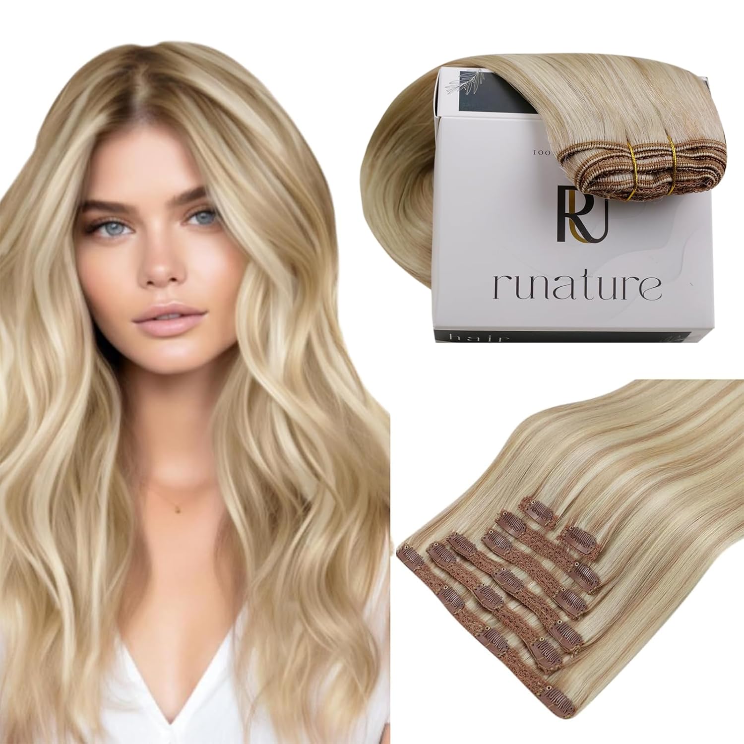 RUNATURE Blonde Clip in Hair Extensions for Natural Look