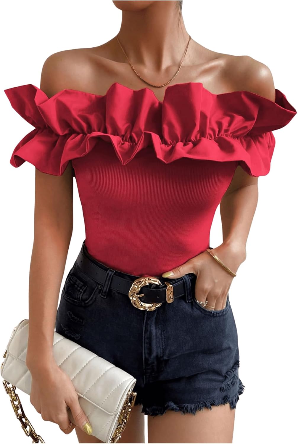 OYOANGLE Women's Ruffle Trim Off Shoulder Blouse for Parties