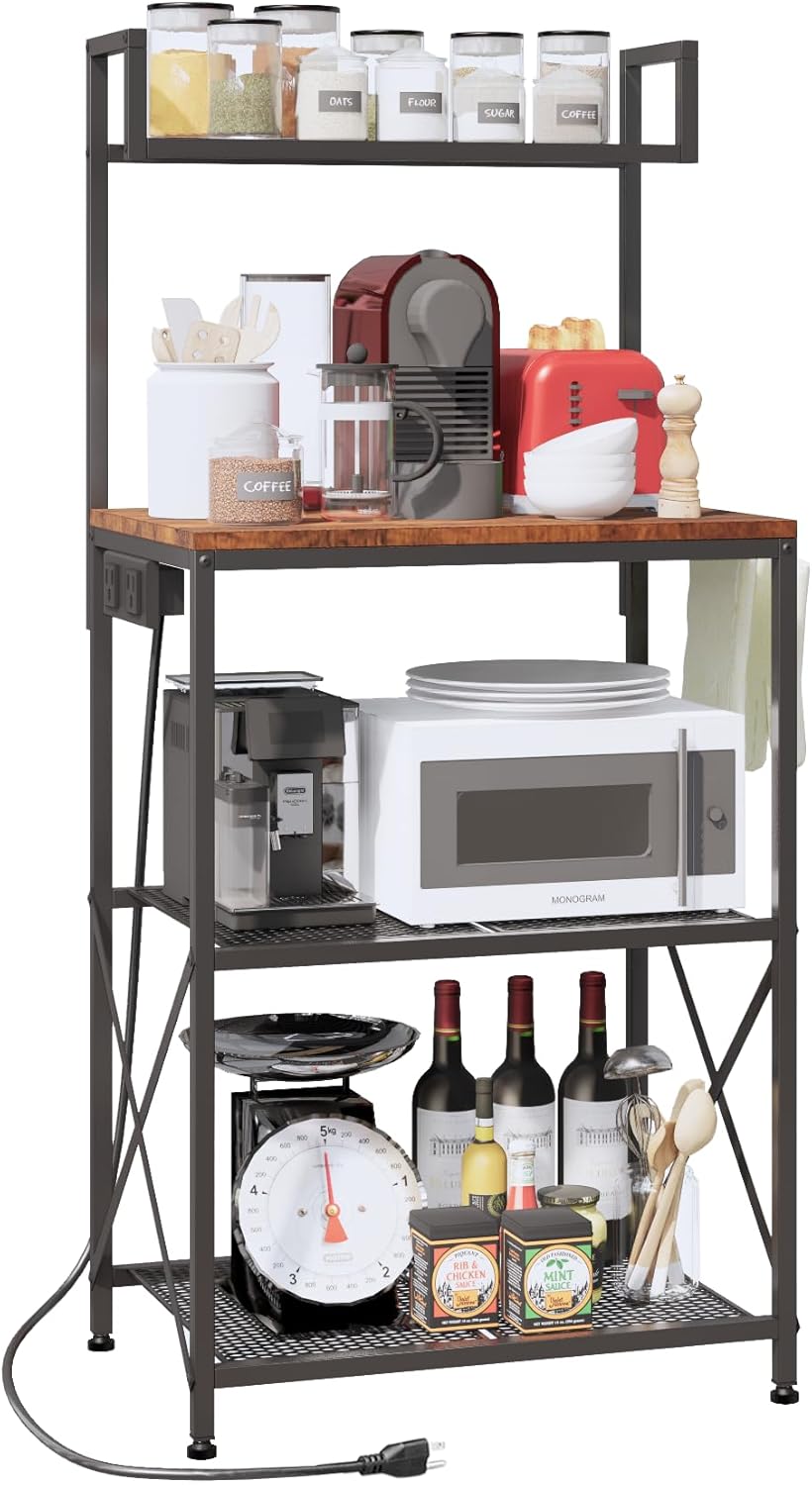 Rustic Brown Bakers Rack with Power Outlet - Organize & Energize!