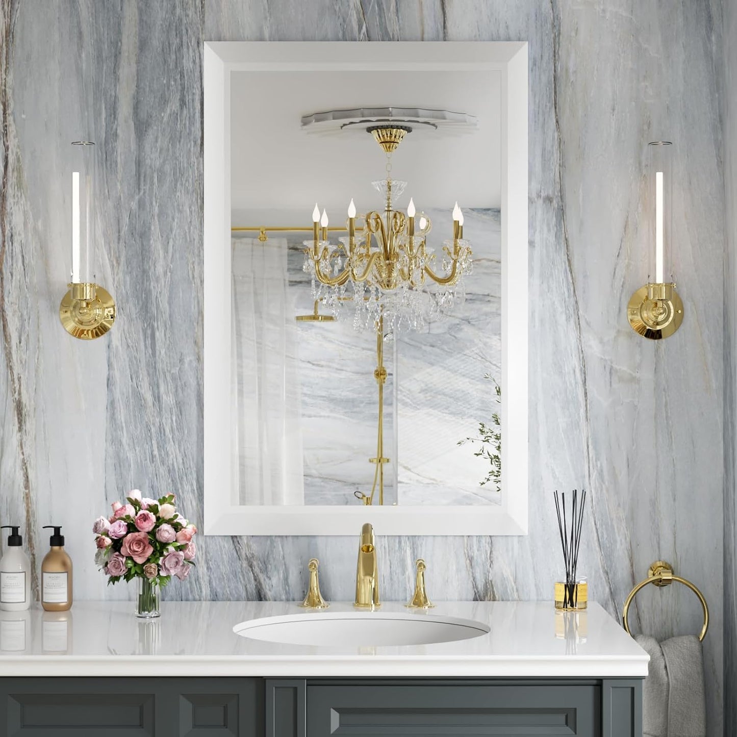 Amorho Bathroom Mirror 24x36 Inch Elegant Metal Framed Design