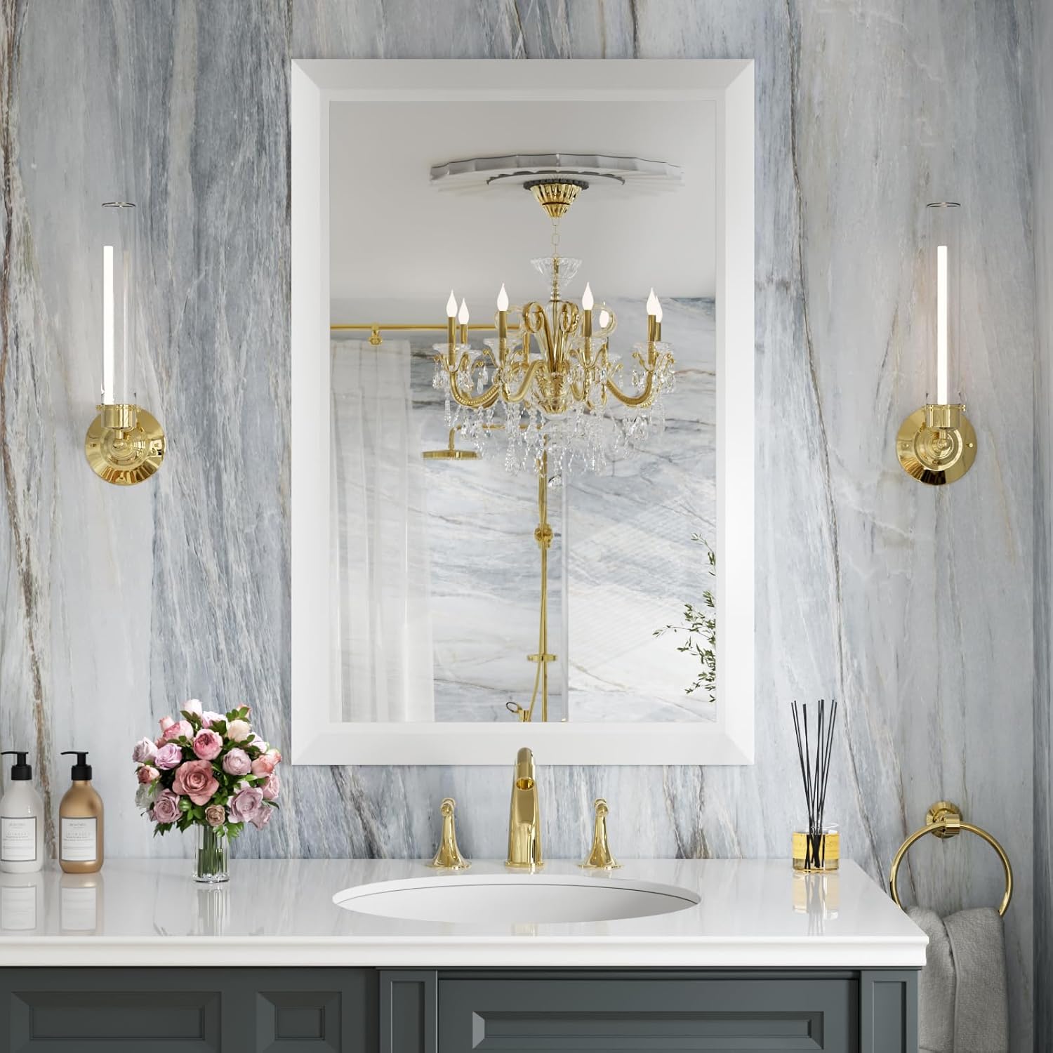 Amorho Bathroom Mirror 24x36 Inch Elegant Metal Framed Design