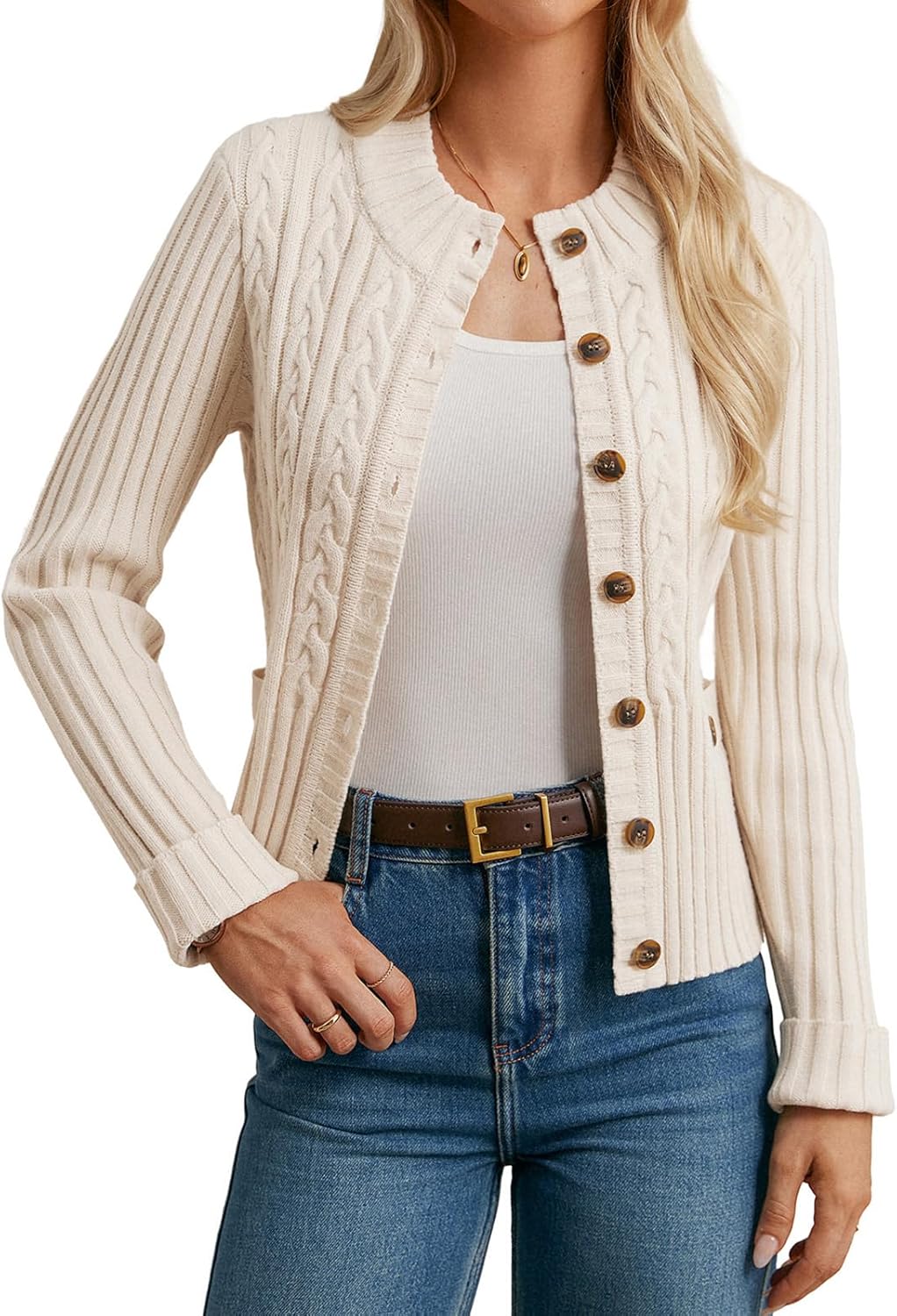 GRACE KARIN Women Cable Knit Button Up Sweater for Fall Fashion