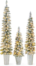 GOFLAME Set of 3 Pre-Lit Potted Christmas Trees - Snow Flocked Pencil