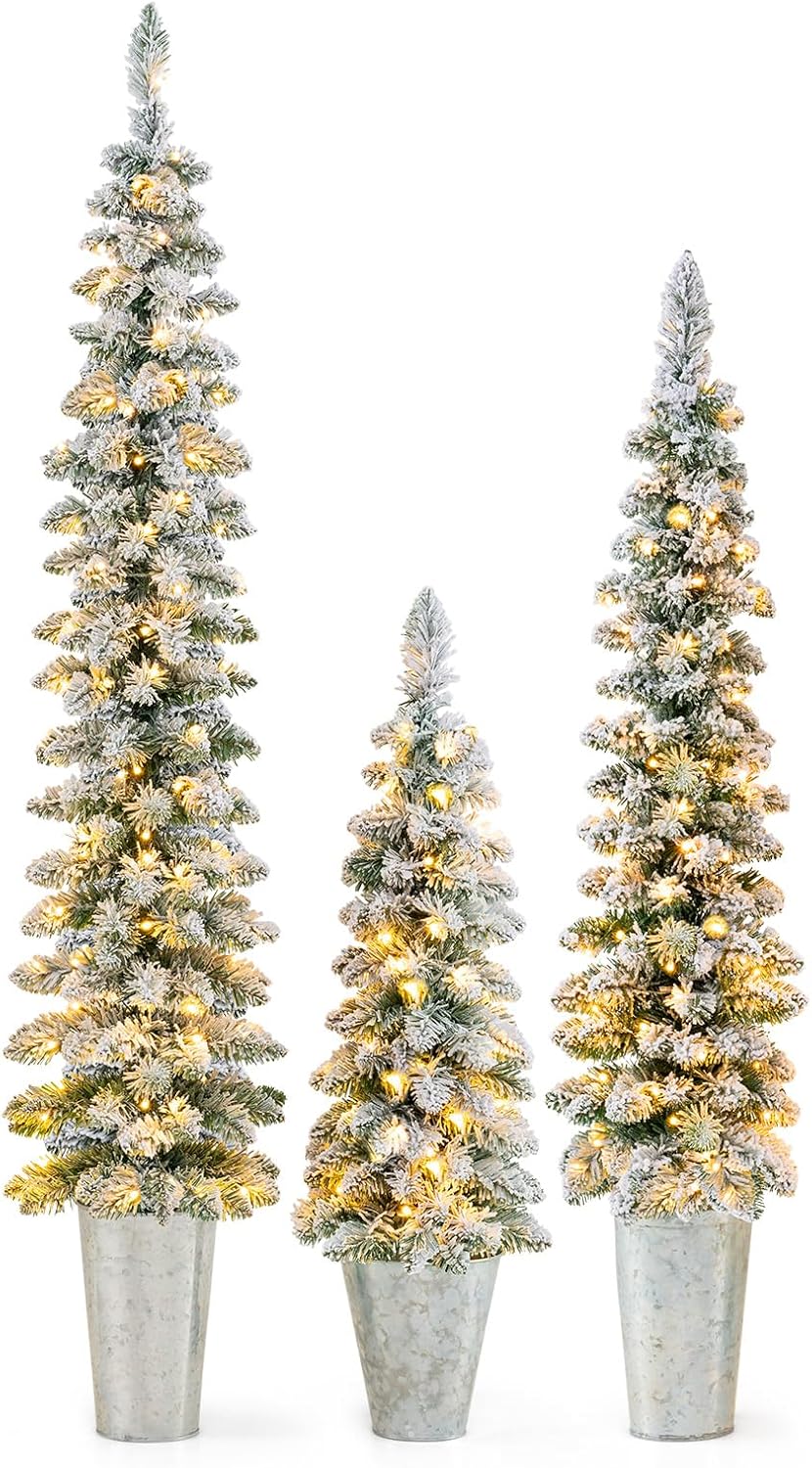 Pre-Lit Potted Christmas Trees Set of 3 for Holiday Decor