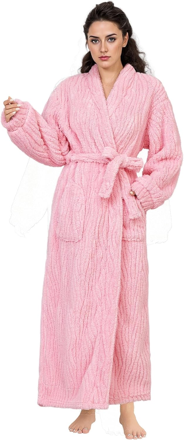 Artfasion Womens Long Fleece Robe - Soft Warm Bathrobe for Winter