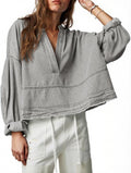PLNOTME Womens Denim Tops Pullover V Neck Loose Fit Puff Sleeve Tees