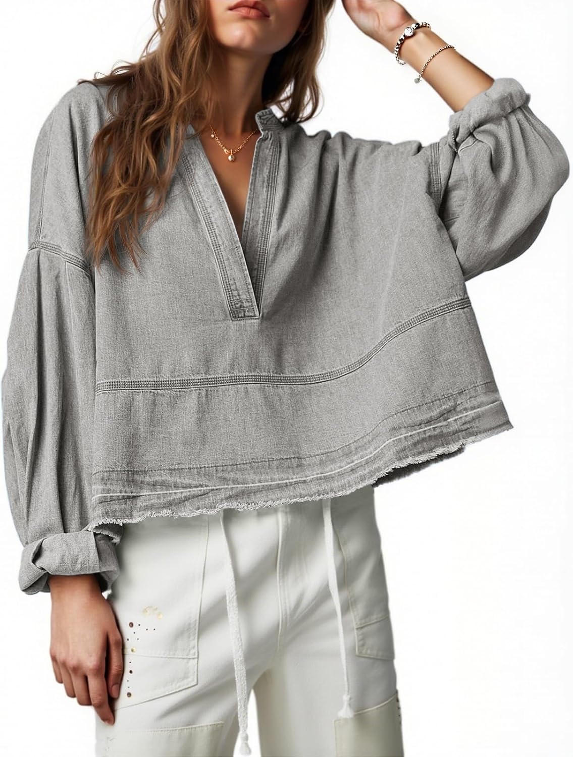 Trendy Casual V Neck Loose Fit Puff Sleeve Denim Tops for Women