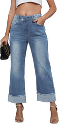 Genleck Wide Leg Cropped Jeans for Women - High Waisted Crossover Fit