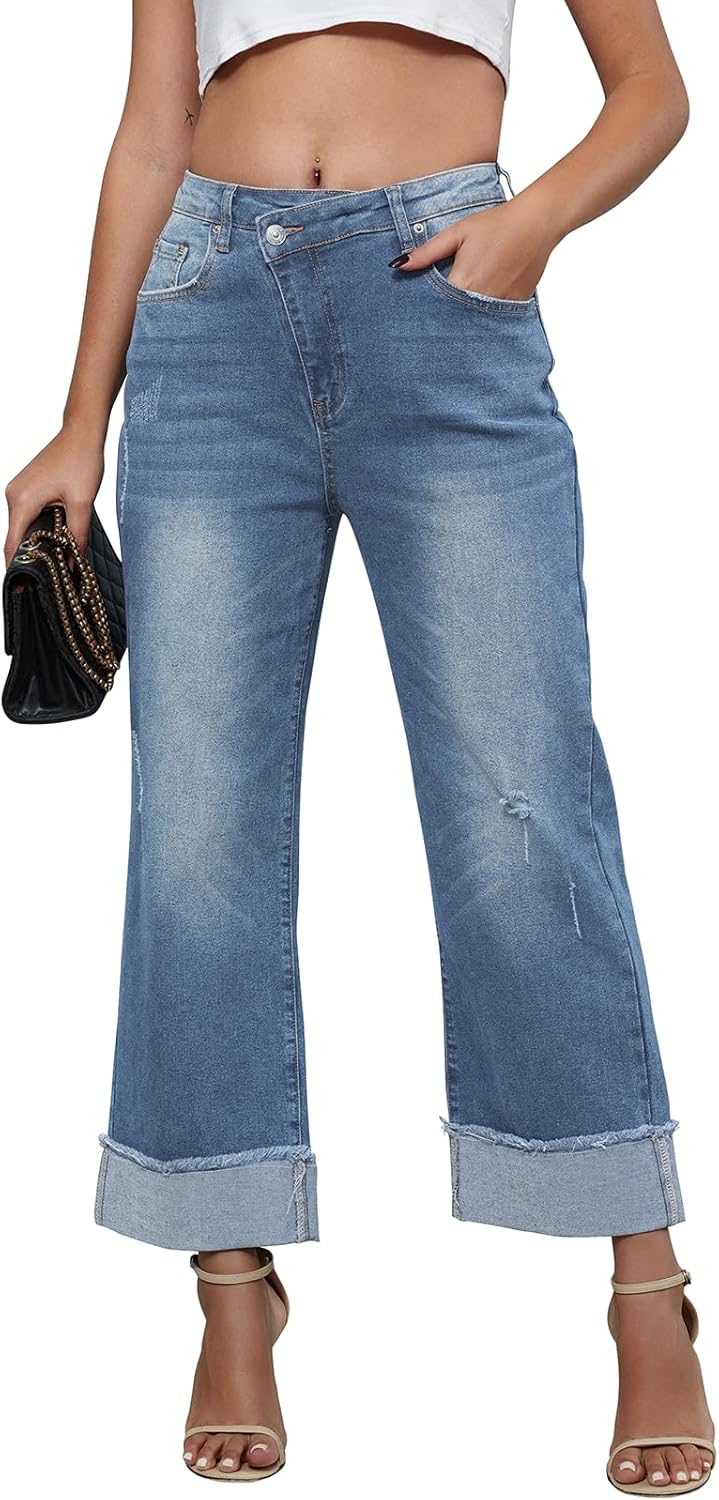 Genleck Wide Leg Cropped Jeans for Women - Trendy High Waisted