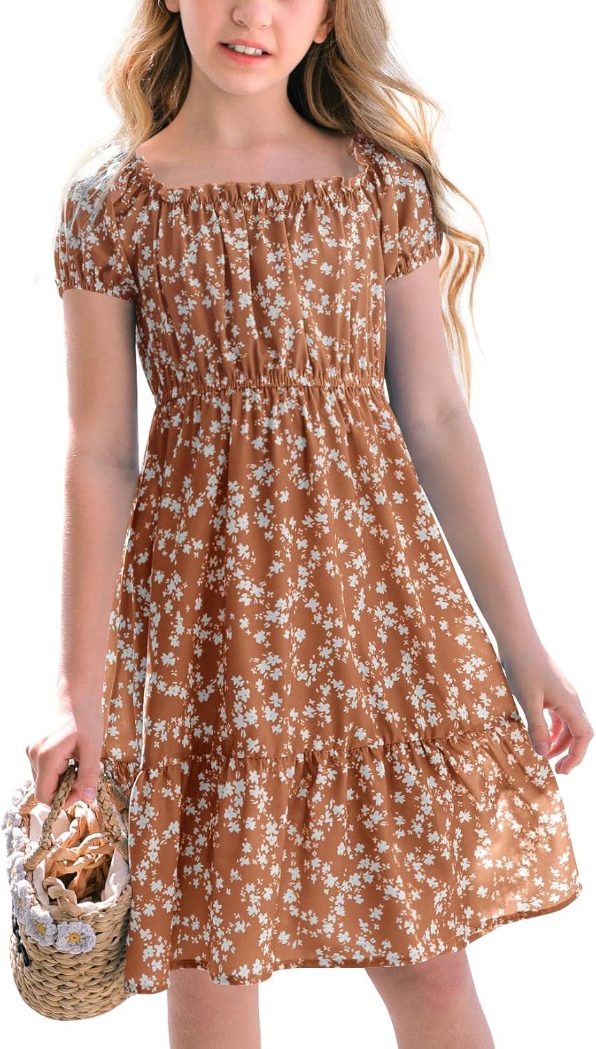 Girls Summer Dress Floral Square Neck Puff Sleeve A-Line Midi
