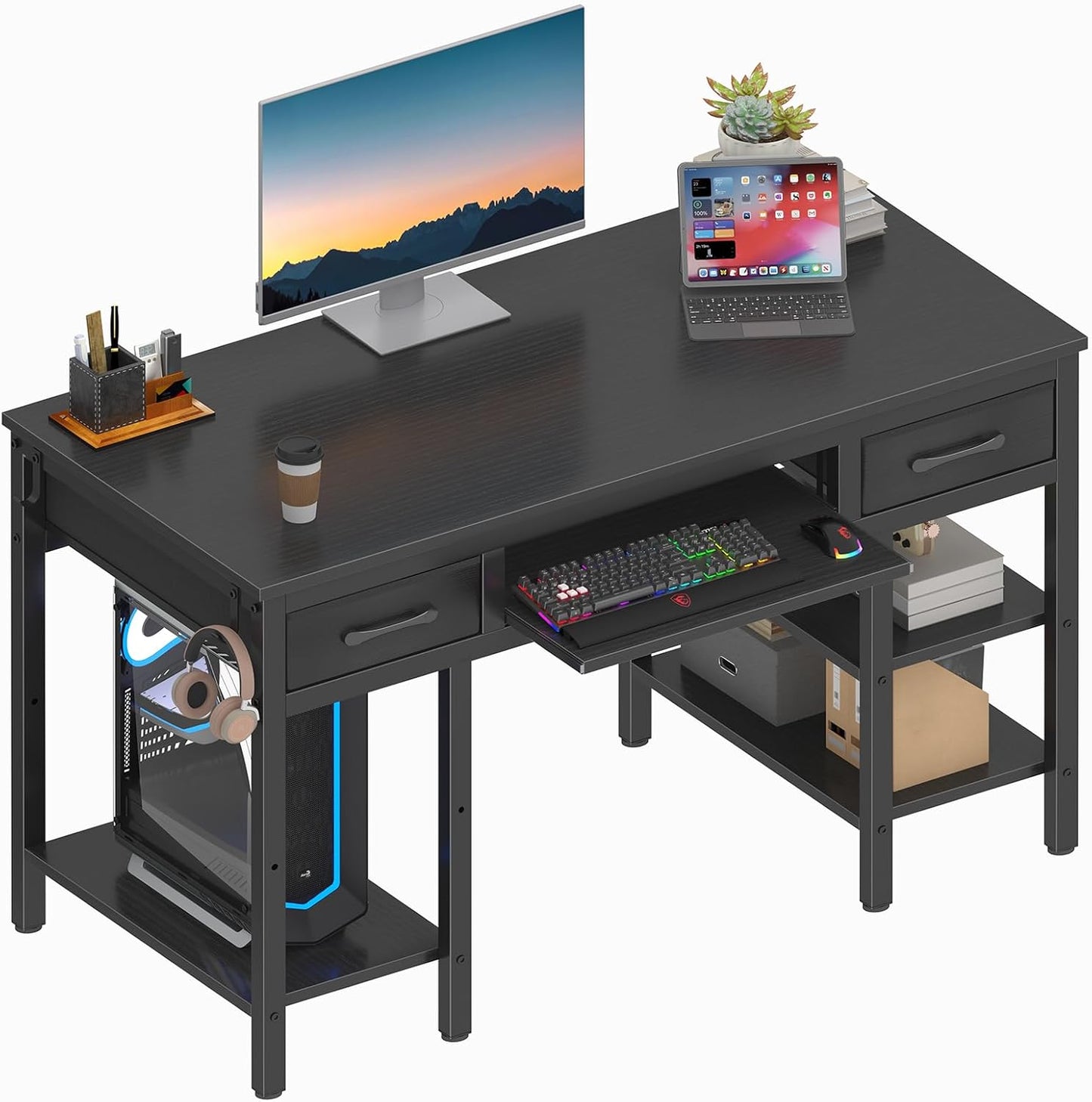 Modern 47 Gaming Desk w/ Storage & Keyboard Tray