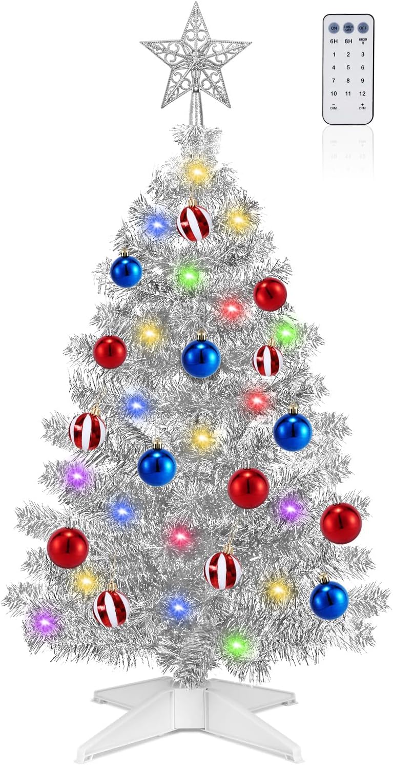 3 Ft Sliver Christmas Tree with 50 Lights and Ornaments