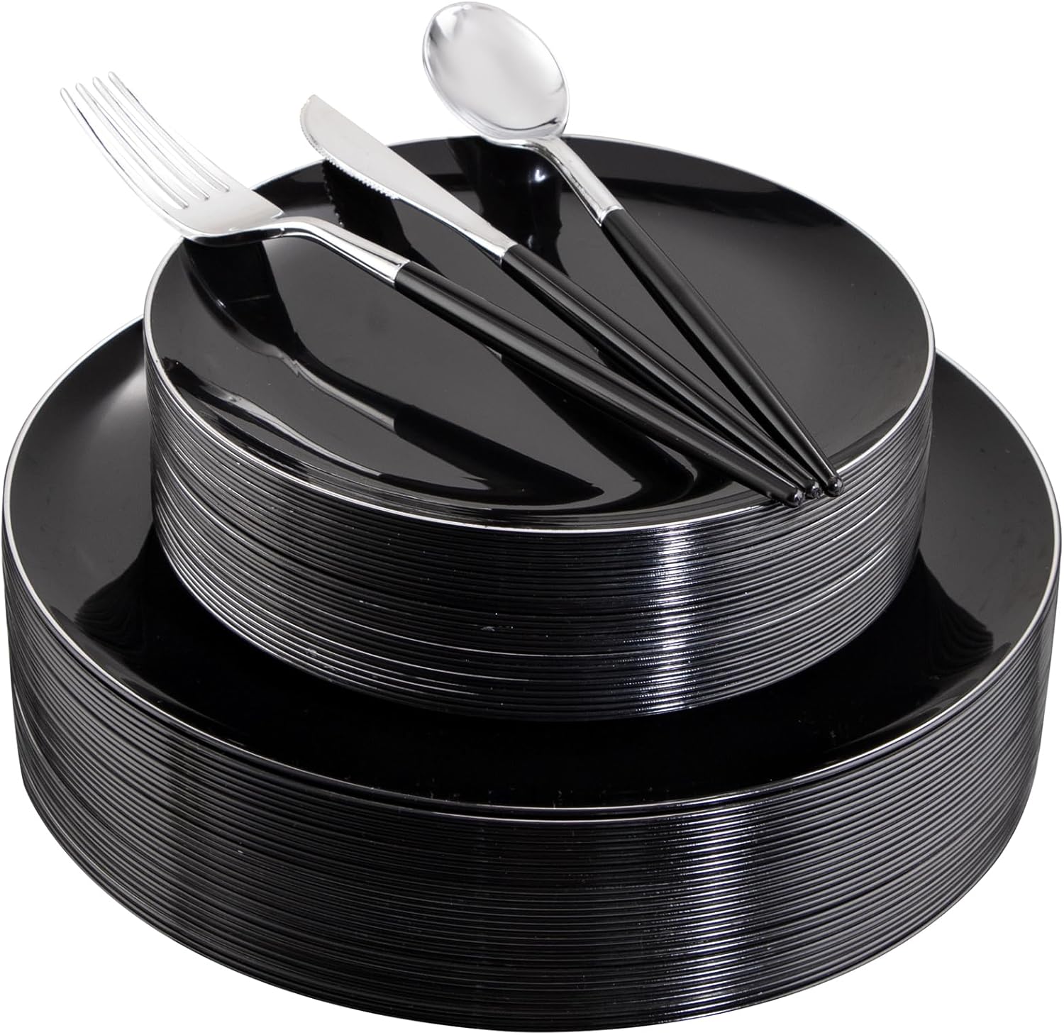 Elegant Black Plastic Plates and Silver Cutlery for Parties