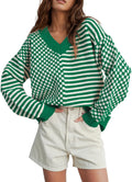 Womens Striped Checkered V Neck Sweater - Soft Knit Pullover
