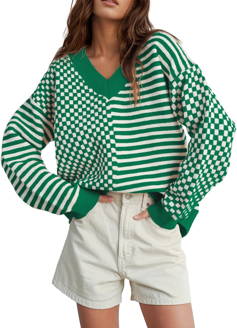 UNCLECAT Women's Striped Checkered Sweater for Casual Style