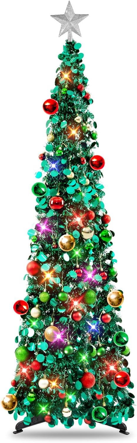 Pop Up Christmas Tree with Lights & 30 Balls for Holiday Decor