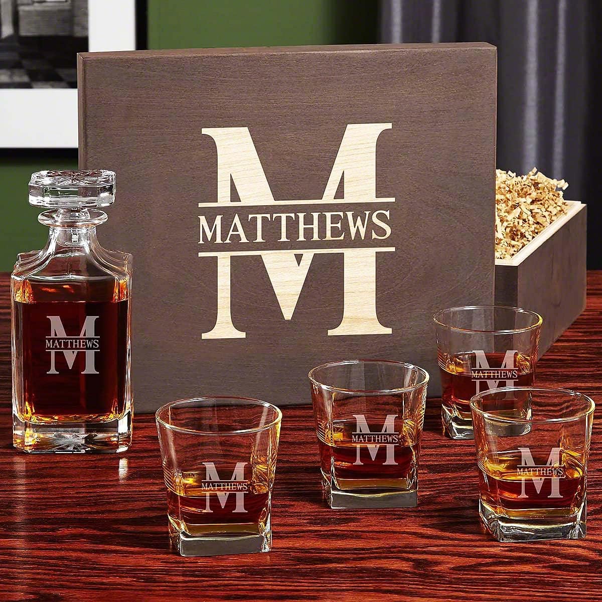 Personalized Whiskey Decanter Set with Custom Wood Box